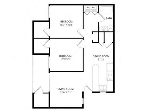 Floor plan for 2 beds, 1 bath, 838 sqft